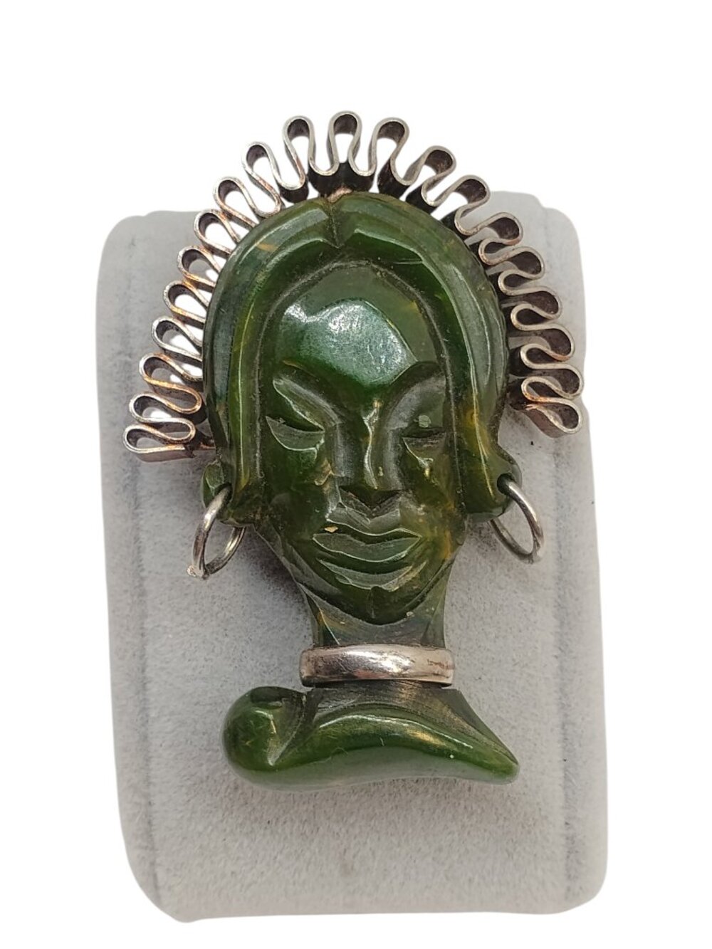 BAKELITE Brooch Pin Green Vintage Carved Princess Tribal African Jewelry